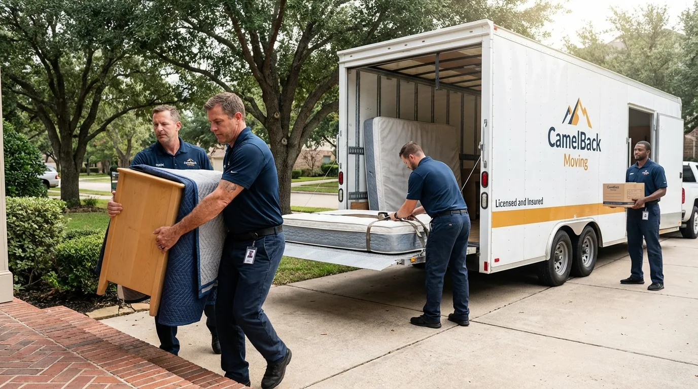 Crew loading residential truck for cross-state move from Roanoke, IL