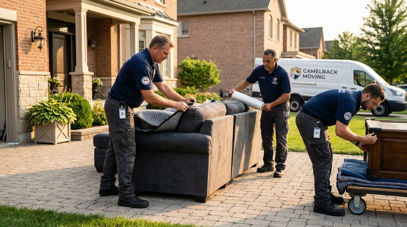 Large estate moving crew wrapping furniture in Roanoke, IL