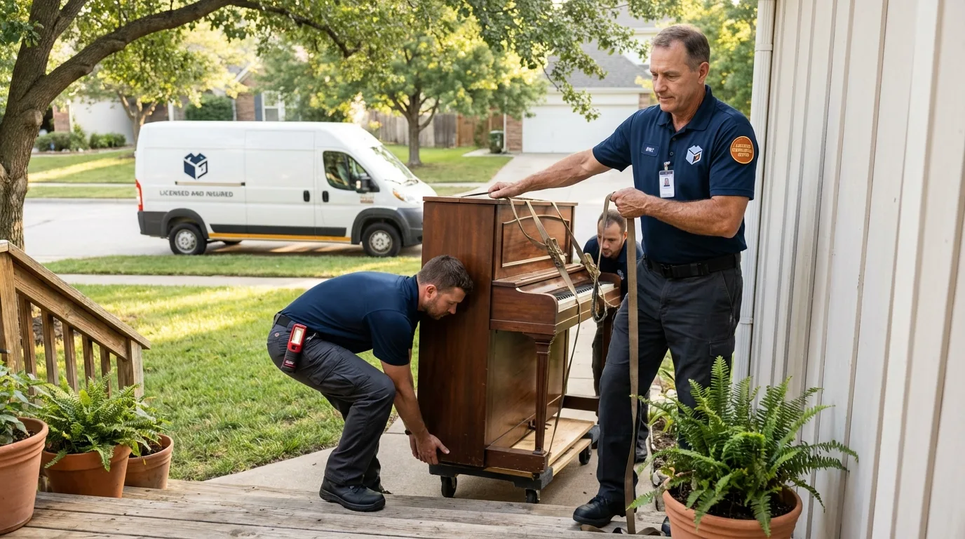 Licensed piano movers securing grand piano in Roanoke, IL