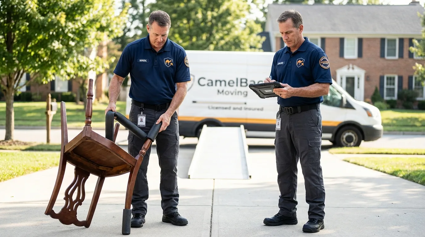 Movers inspecting furniture for damage prevention before loading in Roanoke, IL