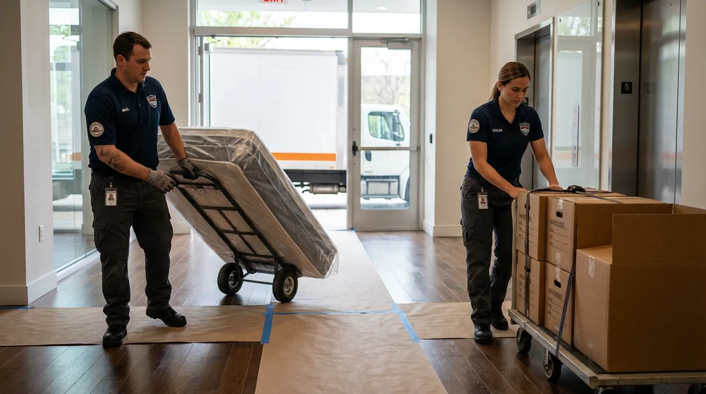 Professional apartment movers loading elevator in Roanoke, IL