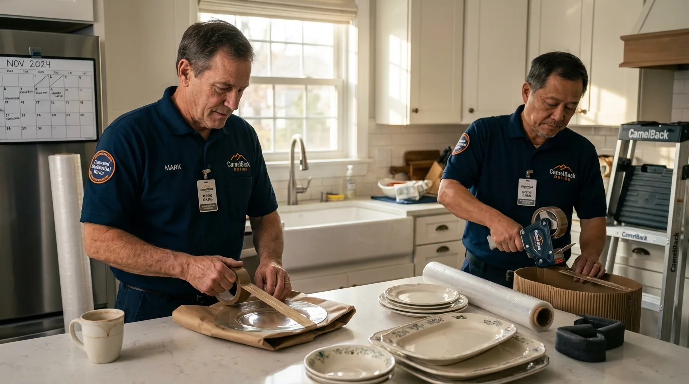 Professional crew packing kitchen dishware in Roanoke, IL